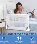 43 Inch Swing Down Crib Rail Guard For Toddlers, Universal Bed Rail with mom reading to child, safety features shown