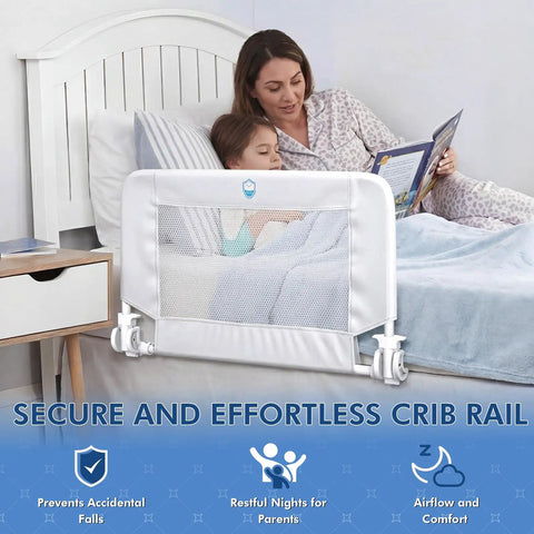 43 Inch Swing Down Crib Rail Guard For Toddlers, Universal Bed Rail with mom reading to child, safety features shown