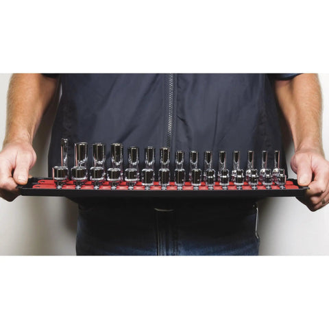 Person holding Socket Boss 2-Rail 3/8-Inch Drive Socket Organizer, 19-Inch Red Storage Tray with sockets secured in place.