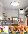 Modern Wood Trim LED Ceiling Light Fixture Sleek Round Flush Mount Not Dimmable 4000K Neutral White Glow For Bedroom Kitchen Dining Hallway Laundry Room Living Room Home Lighting, shown installed on kitchen ceiling with smartphone comparison and CRI rating graphics.