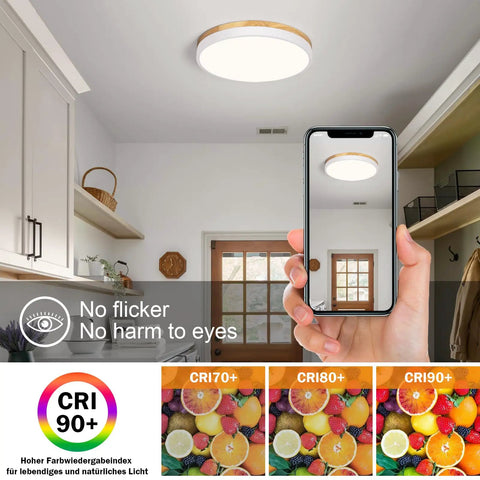 Modern Wood Trim LED Ceiling Light Fixture Sleek Round Flush Mount Not Dimmable 4000K Neutral White Glow For Bedroom Kitchen Dining Hallway Laundry Room Living Room Home Lighting, shown installed on kitchen ceiling with smartphone comparison and CRI rating graphics.