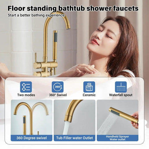 Freestanding Bathtub Faucet Set With Floor Mount Tub Filler, Brushed Nickel Finish, High Flow Shower Faucets in use in bathroom