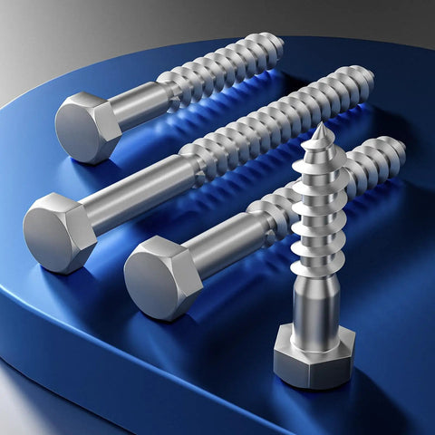 Close-up of Heavy Duty Stainless Lag Screws Set 55 Pieces Quarter Inch By Two Inch Black Hex Head Wood Screws For Outdoor Projects Built Tough