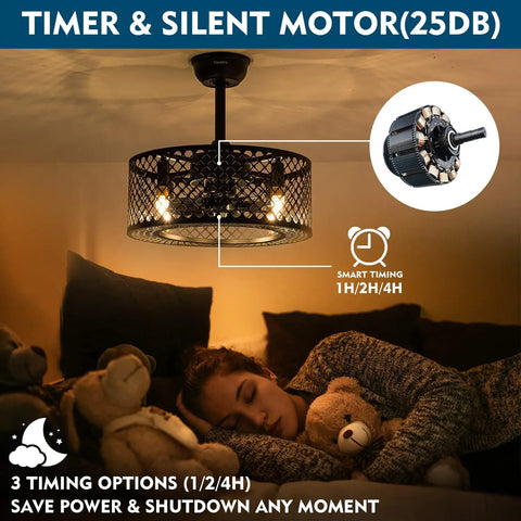 Dope Caged Ceiling Fan With Lights Remote Control, Industrial Enclosed Blades, Reversible Motor, 3 Speeds, 18 Inch Black Fixture For Living Room, Bedroom, Kitchen Island, Dining Room