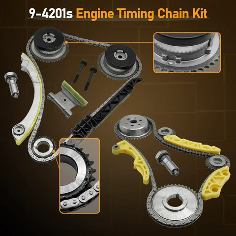 Chevy 2.4L Ecotec Timing Chain Kit With Water Pump, Oil Pump And VCT Gear for Equinox, Malibu, Cobalt, GMC Terrain parts displayed