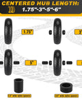 No Flat 4 To 6 Wheel And Tire Set With 13 Inch Wheels Solid Foam Filled Tires For Wheelbarrows Garden Carts Wagons Dollies And Hand Trucks Two Pack Black, shown with hub length options.