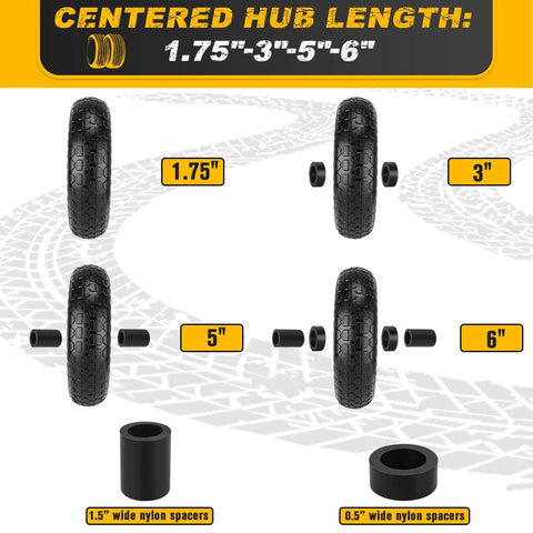 No Flat 4 To 6 Wheel And Tire Set With 13 Inch Wheels Solid Foam Filled Tires For Wheelbarrows Garden Carts Wagons Dollies And Hand Trucks Two Pack Black, shown with hub length options.