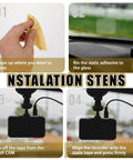 Steps showing installation of 8 Pack Dashcam Windshield Sticker Set Electrostatic Adhesive Shields For Windshields Prevent Scratching.