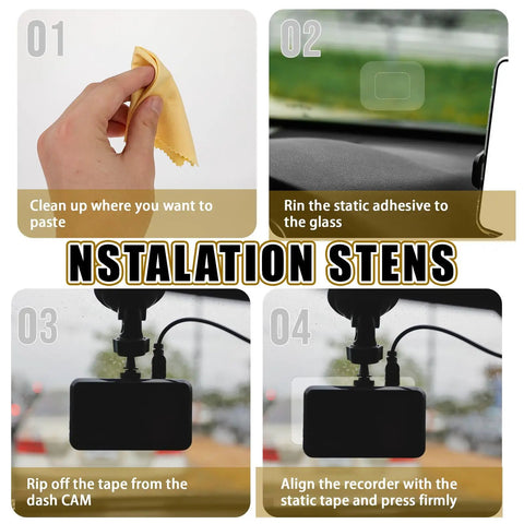 Steps showing installation of 8 Pack Dashcam Windshield Sticker Set Electrostatic Adhesive Shields For Windshields Prevent Scratching.