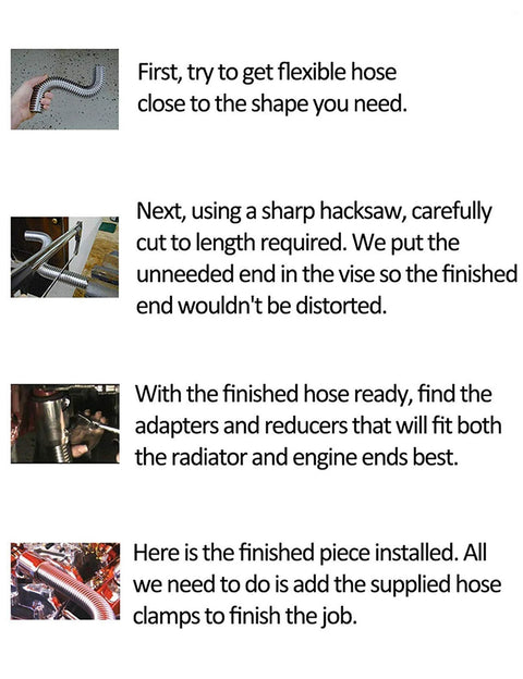 Radiator hose kit, 24-inch stainless, four-panel view: coiled hose, cutting, mid-install, final installed with clamps.