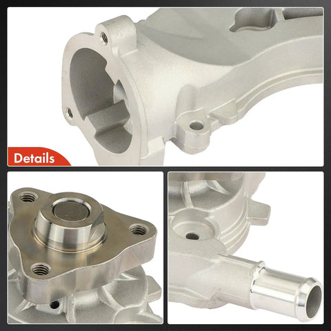 Close-up of aluminum engine water pump with gasket and seal for Chevrolet Trax Cruze Sonic Encore Buick Encore 1.4L DOHC Turbo