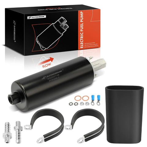 High Flow Universal External Fuel Pump 255 LPH Inline High Pressure Fuel Pump With EZ Install Kit Replacement GSL392 400 939 Fitment For Most Cars And Trucks with installation parts and packaging.
