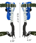 Tree Climbing Spikes Set With Adjustable 304 Stainless Steel Spikes And Non Slip Pedals 2 Gear Design, shown with dimensions