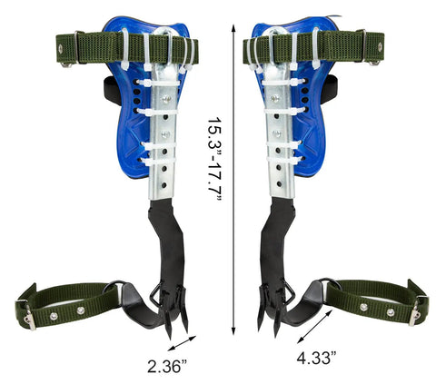 Tree Climbing Spikes Set With Adjustable 304 Stainless Steel Spikes And Non Slip Pedals 2 Gear Design, shown with dimensions