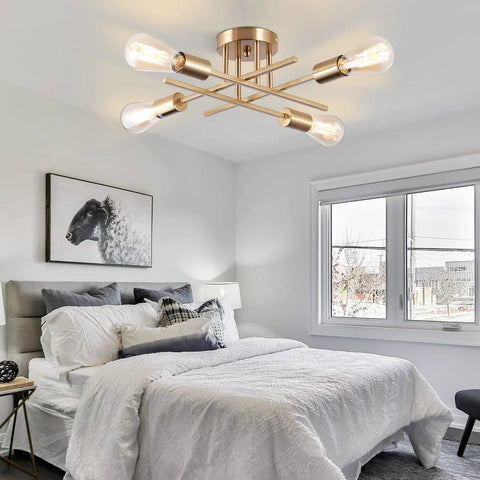 Six Light Sputnik Ceiling Chandelier Dope Modern Semi Flush Mount With E26 Base Brass Finish in bedroom setting.