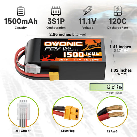 2 Pack 11.1V 1500mAh LiPo Battery 3S 120C XT60 for FPV Racing Drones Quadcopter RC Cars Boats showing dimensions and connectors