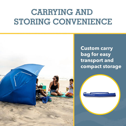 Beach scene with UPF 50 Plus Go-To Sun And Rain Canopy Umbrella For Beach, Sports, And Camping, showing carrying bag for portability.
