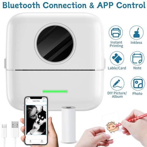Compact Inkless Thermal Printer With Instant Bluetooth Sync And One Starter Roll Of Sticky Labels ideal for easy note sharing and crafting.