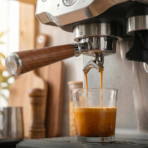 54mm Espresso Portafilter With Two Cup Spouts And Walnut Handle For Breville And Sage Barista Machines Fits Barista Express Pro Touch Bambino Series Stainless Steel Basket dispensing espresso