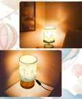 Hot Air Balloon Kids Table Lamp with linen shade and wood base, glowing on bedroom nightstand, kid-friendly cartoon nursery light.