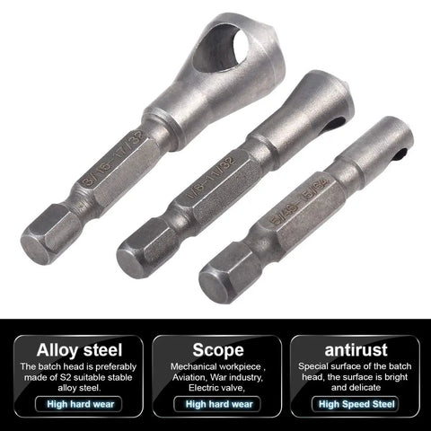 Heavy Duty 3 Piece Countersink Chamfer Drill Bit Set With One Quarter Inch Hex Shank High Speed Steel, showing bit sizes and design.