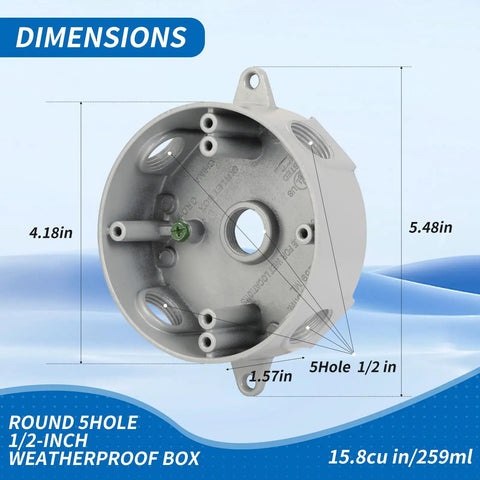 Heavy Duty Round Weatherproof Electrical Box For Outdoor Use, 5 Hole Half Inch Surface Mount Outlet Box, Aluminum Gray Construction, CUL Listed, Ideal For Branch Circuit Wiring, 15.8 Cu In Capacity, 1 Pack.