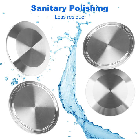 Front view of five 2-inch stainless steel Tri-Clamp sanitary end caps (SS304)