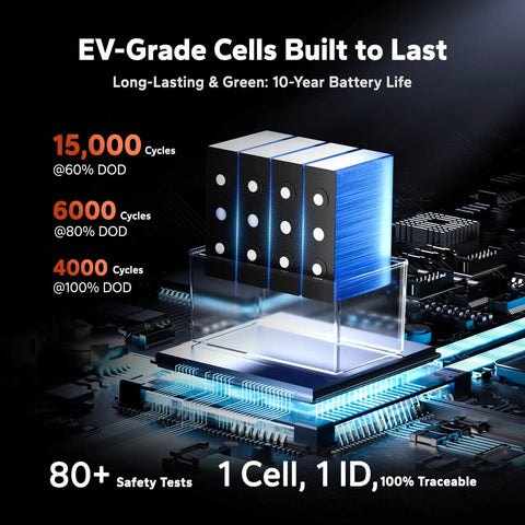 Diagram of EV-grade cells with battery cycle data for Ultra Compact 12V 100Ah LiFePO4 Battery with Bluetooth, 100A BMS and Low Temp Protection.
