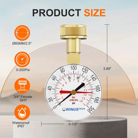 Water pressure gauge, front view, 2.5 inch dial, 0-200 psi, 3/4 inch female GHT, brass body, WINUSTECH