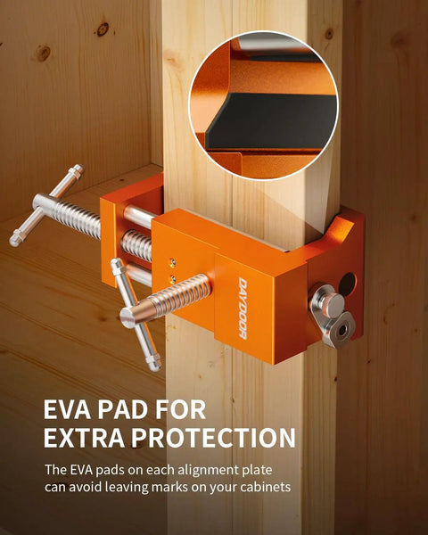 Rock Solid Face Frame Cabinet Clamps Featuring Integrated Drill Guide For Dead Center Pilot Holes And No Sweat Screw Driving Dependable Two Pack Woodworking Kit with EVA pads visible on alignment plate.