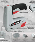Close-up of the Top Tier 2 In 1 Cordless Electric Staple Gun And Brad Nailer Combo showing features, charging port, and controls.