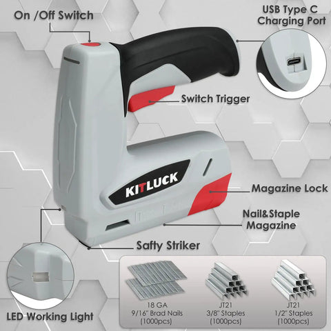 Close-up of the Top Tier 2 In 1 Cordless Electric Staple Gun And Brad Nailer Combo showing features, charging port, and controls.