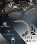 Heavy Duty Turbo Drain Tube Kit For Cummins Engine Swap 2nd Gen Stainless Steel Braided Oil Feed Line With Connectors And Screws installed in engine bay
