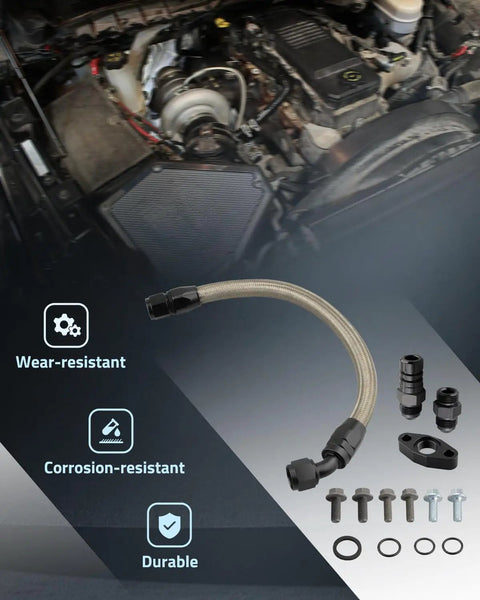 Heavy Duty Turbo Drain Tube Kit For Cummins Engine Swap 2nd Gen Stainless Steel Braided Oil Feed Line With Connectors And Screws installed in engine bay