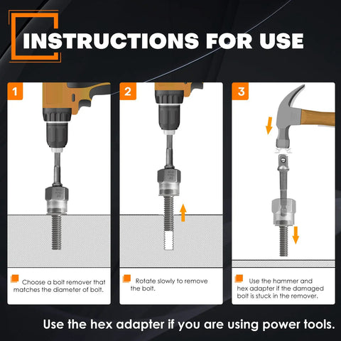 Instructions for Six Piece Twist Socket Lug Nut Remover Tool Kit usage with power drill and hammer for removing bolts.