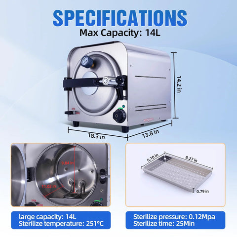 DACAT-RICHFU TR250E 14L autoclave, stainless steel benchtop sterilizer, front view