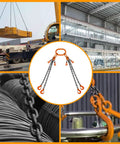 Rock Solid Heavy Hitter 4 Way Chain Lifting Sling With Grab Hooks 10 Feet Long 5/16 Inch Diameter 11000 Lb Capacity in industrial setting.