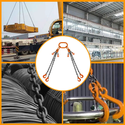 Rock Solid Heavy Hitter 4 Way Chain Lifting Sling With Grab Hooks 10 Feet Long 5/16 Inch Diameter 11000 Lb Capacity in industrial setting.