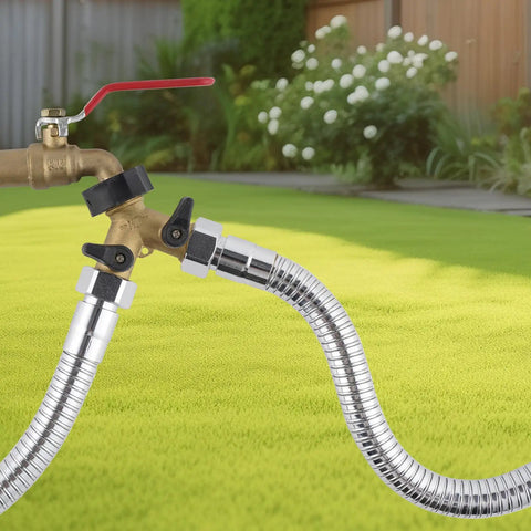 Swivel Garden Hose Adapter Protector With All Metal Construction And Three Quarter Inch Connection Extends Your Hose For Flexible Angles Prevents Kinks And Leaks For No Fuss Watering Reach And Durable Hose Extension, chrome hose connected to brass valve