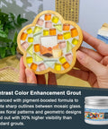 White Crystal Mosaic Grout For Crafts applied to glass coaster with colorful mosaic design, enhancing contrast clarity.