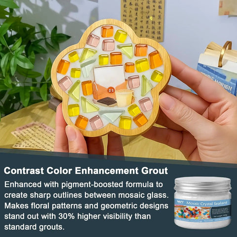 White Crystal Mosaic Grout For Crafts applied to glass coaster with colorful mosaic design, enhancing contrast clarity.