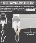 Close-up of heavy-duty ceiling curtain track set with ceiling and wall mounts, showing aluminum rail and runner details.