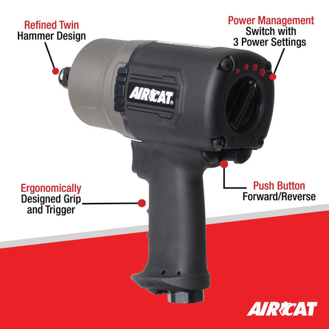 Heavy Duty Pneumatic Impact Wrench 3/4 Inch Drive Twin Hammer Composite Body Ergonomic Grip 1600 Foot Pounds Knocks Loose Stubborn Bolts Like Nothing For Grease Monkey Garages