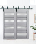 Bypass Sliding Doors Set With Frosted Glass And Solid Wood In Black Modern Style 84x96 Two Door Slabs With 8 Ft Rails