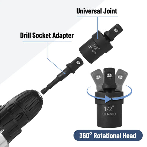 Universal Joint Socket Adapter Set For Drills And Impact Drivers, Six Piece, One Half Inch, One Quarter Inch, Three Eighths Inch Swivel Adapters, Chrome Molybdenum Steel Construction, Heavy Duty Durability, 1/2 in CR-MO adapter