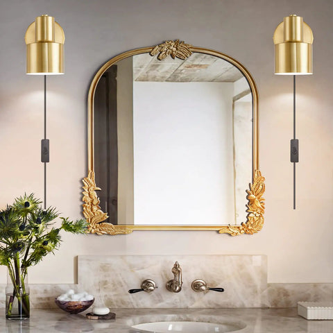 Gold Plug-In Wall Sconces Set Of 2, Industrial Vintage E26 Adjustable Lamps beside bathroom mirror, 280° tilt, 180° swing.