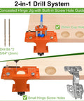 Heavy Duty Metal Concealed Hinge Jig For Cabinet Doors With Integrated 35mm Carbide Drill Bit And Dual Bearing Guide for accurate cup hole drilling.