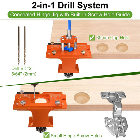 Heavy Duty Metal Concealed Hinge Jig For Cabinet Doors With Integrated 35mm Carbide Drill Bit And Dual Bearing Guide for accurate cup hole drilling.