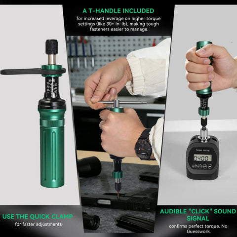 Precision Torque Screwdriver Set With 10 To 70 Inch Pounds Range Quarter Inch Drive 24 Piece Handy Kit with T-handle and click setting