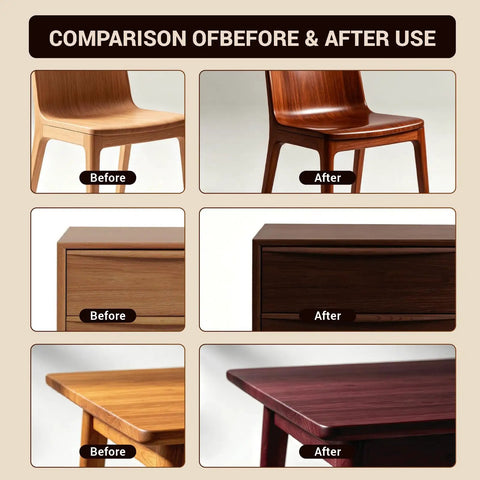 Comparison of furniture before and after using All In One Water Based Walnut Wood Stain And Sealer With Attached Brush.